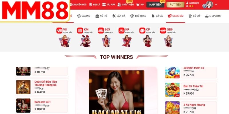 Sảnh game bài MM88 với giao diện hiện đại